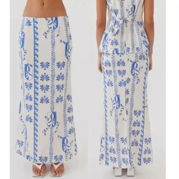 NWT Peppermayo Born For Bordeaux Linen Midi Skirt Floral Wave Women's Size US 2 - Picture 1 of 8